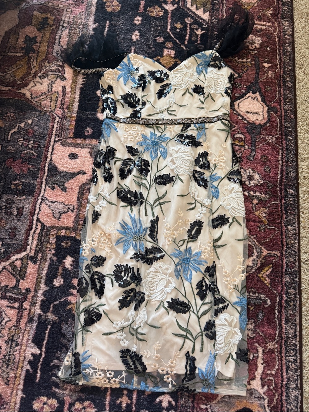 Lulu's Cream Midi Dress with Blue & Black Floral Embroidery